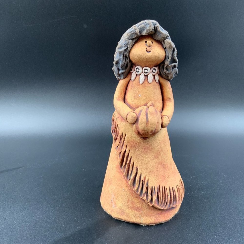 Handmade Clay Native American Woman Figurine Holding Pumpkin Signed Myrna